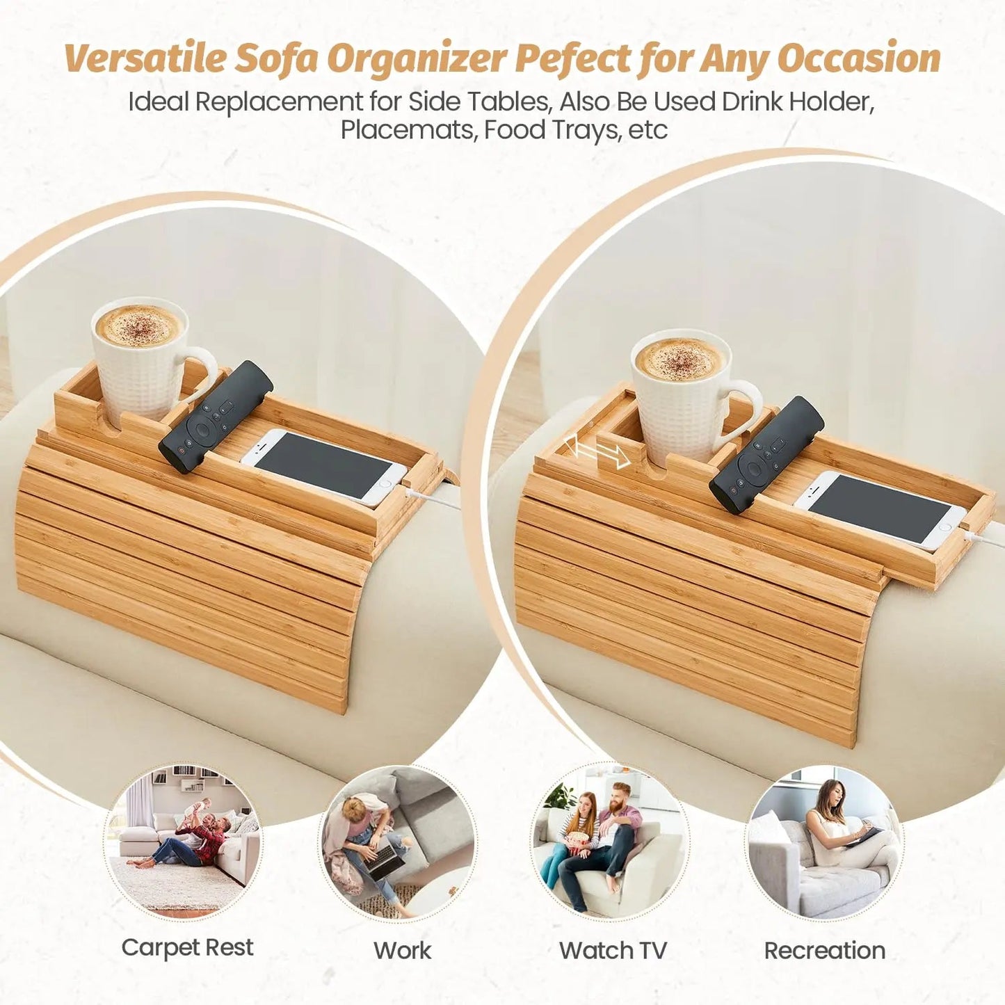 Sereniya Foldable Bamboo Sofa Armrest Tray for Drinks and Devices