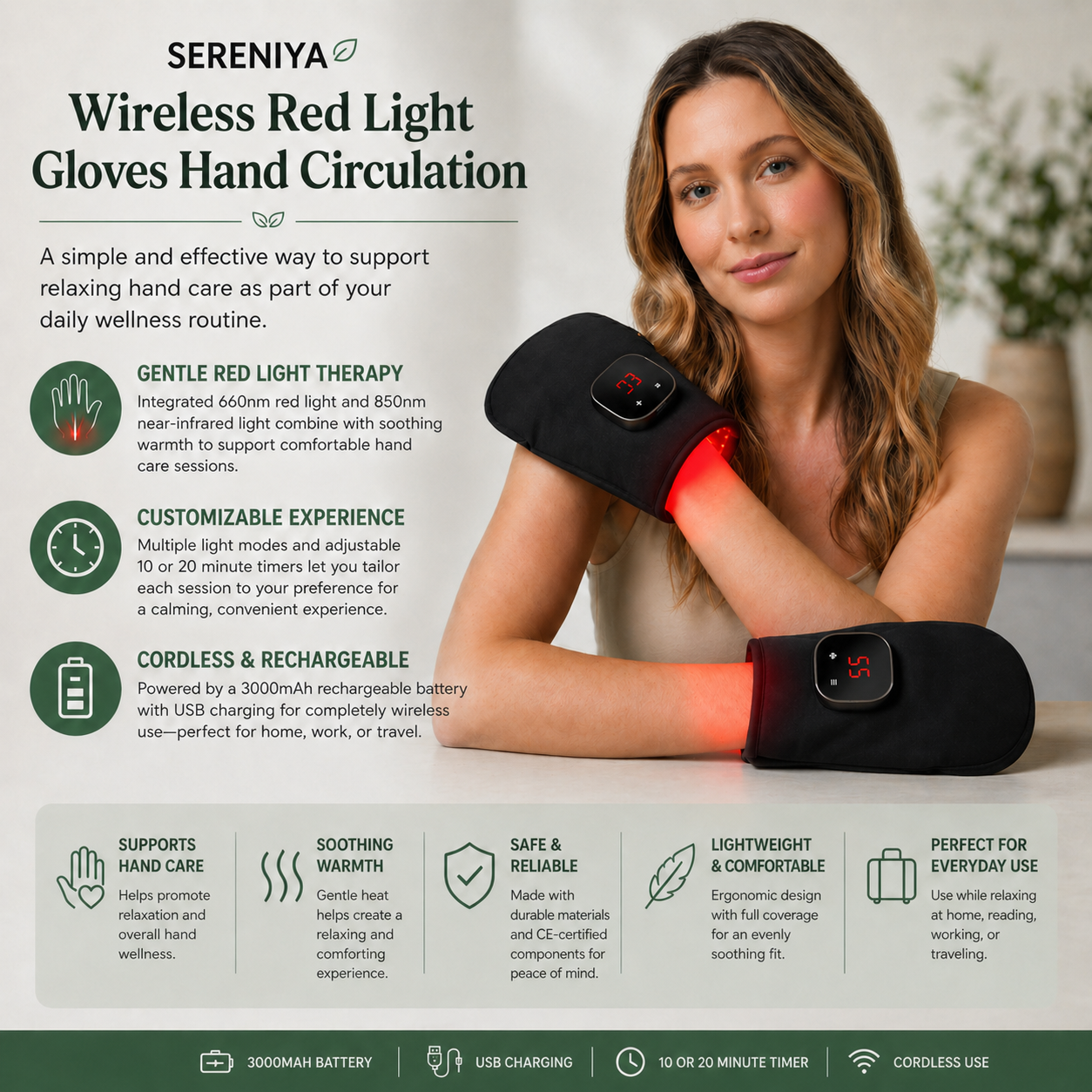 Sereniya Wireless Red Light Gloves Hand Circulation