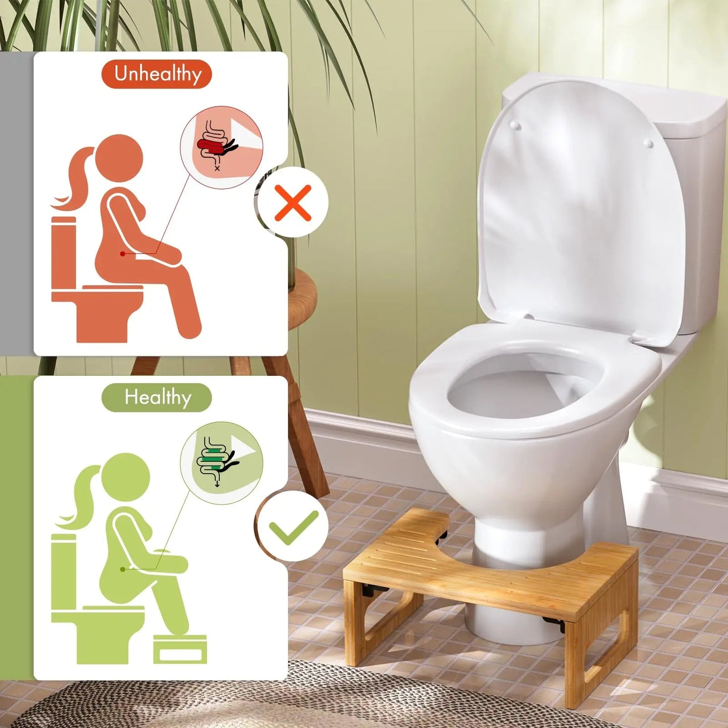 Sereniya Bamboo Foldable Toilet Stool with Non Slip Base
