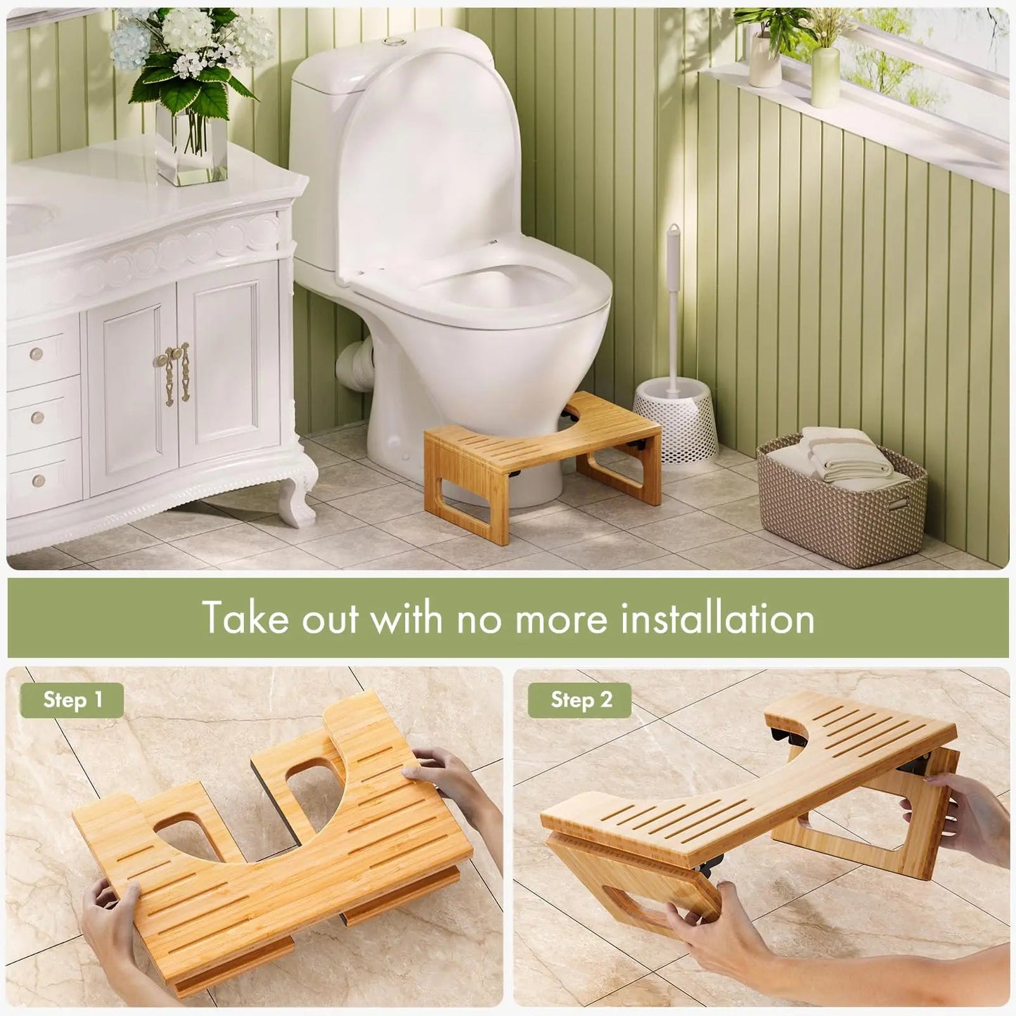 Sereniya Bamboo Foldable Toilet Stool with Non Slip Base