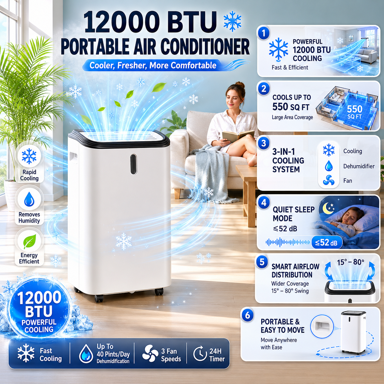12,000 BTU Portable Air Conditioner Cooler Dehumidifier 3-in-1 Room Fan Indoor Home Cooling Unit by Sereniya