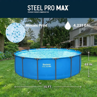 Round Above Ground Swimming Pool with Metal Frame — Heavy Duty Outdoor Backyard Family Pool 12ft / 14ft / 15ft by Sereniya