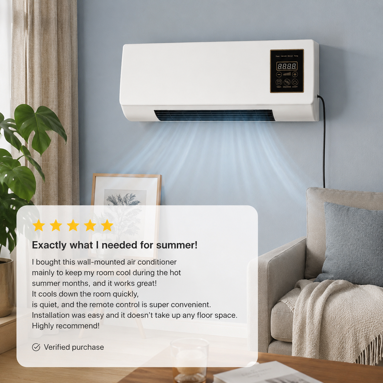 Wall Mounted Air Conditioner Portable Mini AC 3-Speed Fan with Timer for Bedroom Office Home Cooling by Sereniya