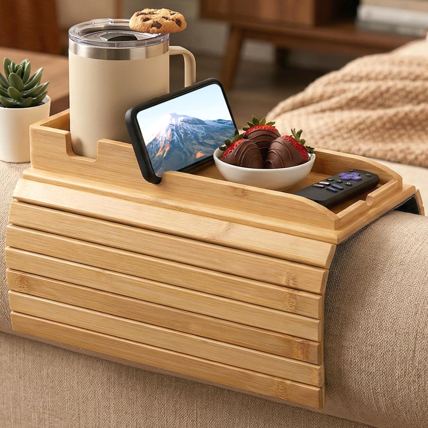Sereniya Foldable Bamboo Sofa Armrest Tray for Drinks and Devices