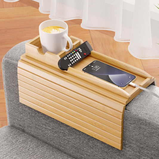 Sereniya Foldable Bamboo Sofa Armrest Tray for Drinks and Devices