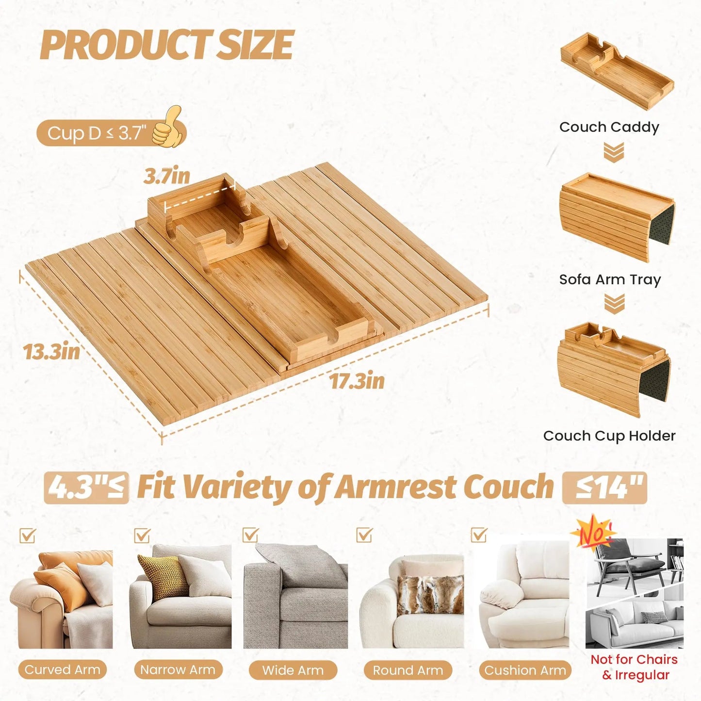 Sereniya Foldable Bamboo Sofa Armrest Tray for Drinks and Devices