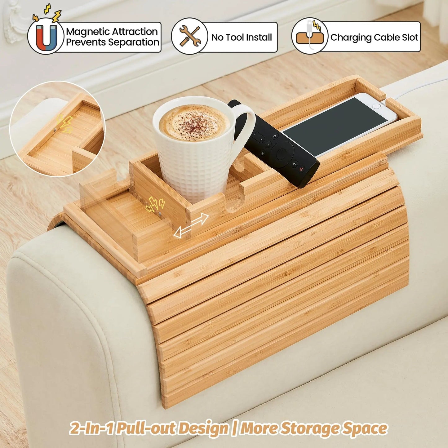 Sereniya Foldable Bamboo Sofa Armrest Tray for Drinks and Devices