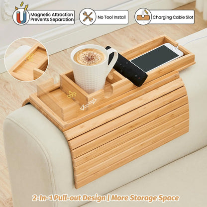 Sereniya Foldable Bamboo Sofa Armrest Tray for Drinks and Devices