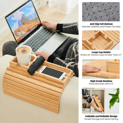 Sereniya Foldable Bamboo Sofa Armrest Tray for Drinks and Devices