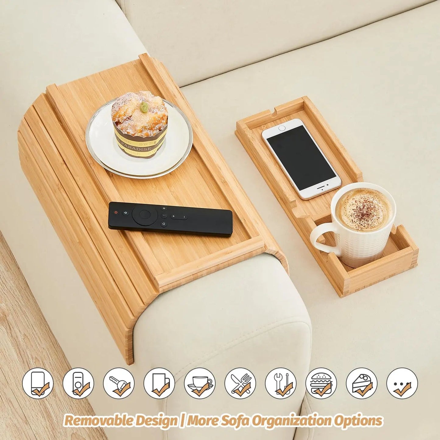 Sereniya Foldable Bamboo Sofa Armrest Tray for Drinks and Devices