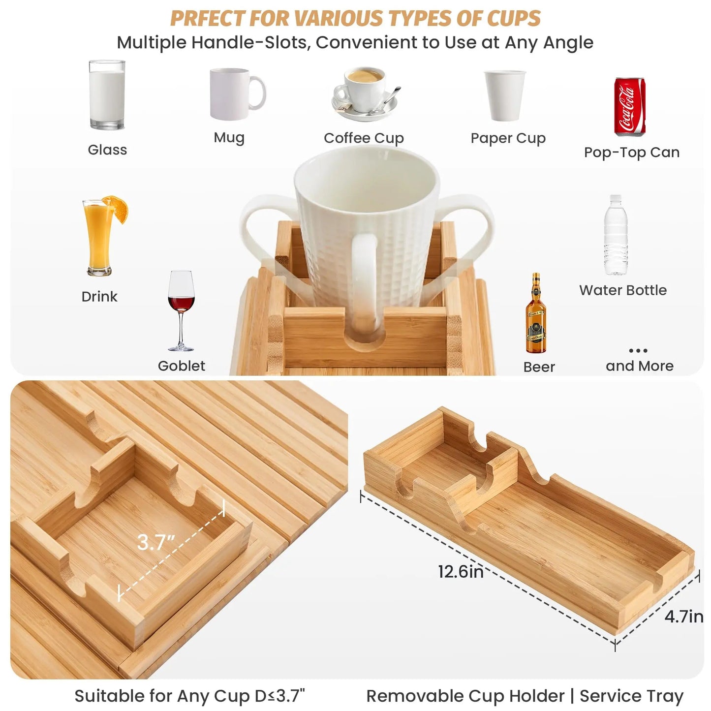 Sereniya Foldable Bamboo Sofa Armrest Tray for Drinks and Devices